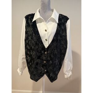 VTG 90s Women's 2X Whimsigoth Blouse Top Velvet Black Gold Floral Attached Vest